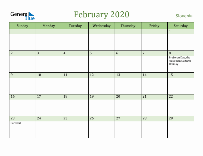 February 2020 Calendar with Slovenia Holidays