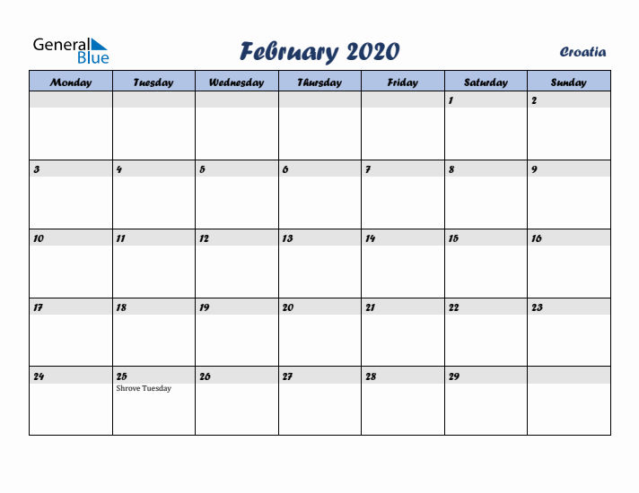 February 2020 Calendar with Holidays in Croatia