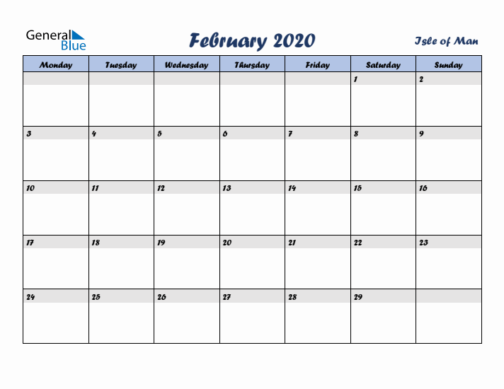 February 2020 Calendar with Holidays in Isle of Man