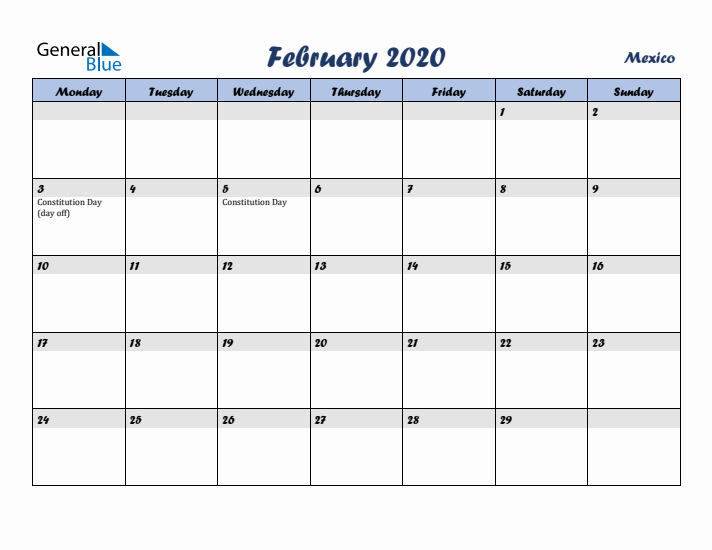 February 2020 Calendar with Holidays in Mexico