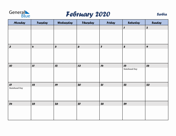 February 2020 Calendar with Holidays in Serbia