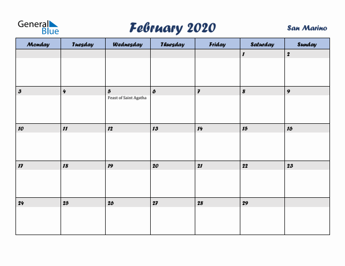 February 2020 Calendar with Holidays in San Marino