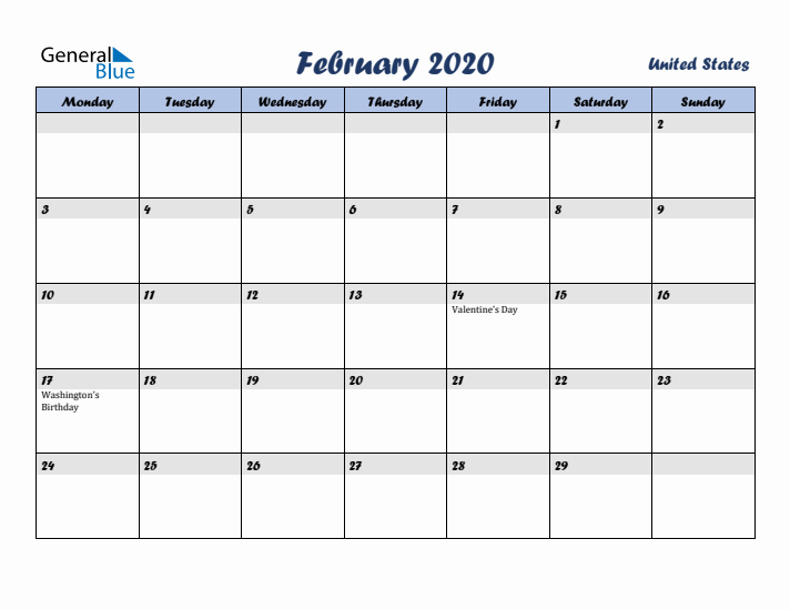 February 2020 Calendar with Holidays in United States