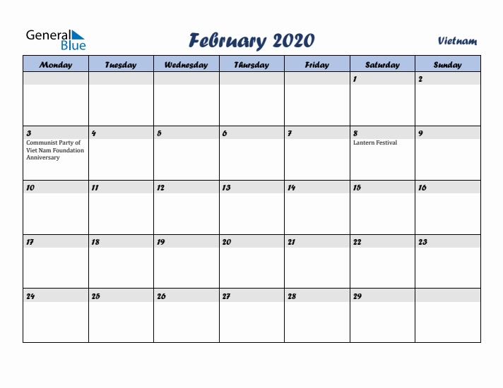 February 2020 Calendar with Holidays in Vietnam