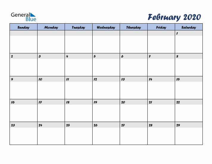 February 2020 Blue Calendar (Sunday Start)