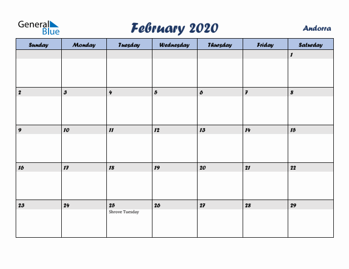 February 2020 Calendar with Holidays in Andorra