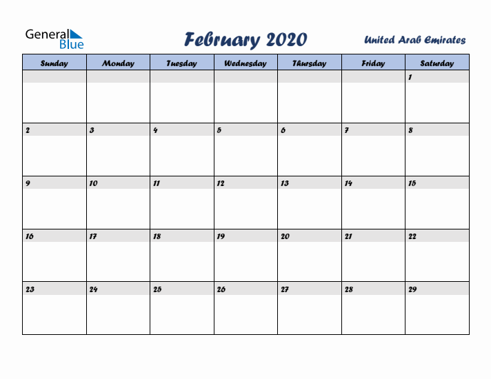 February 2020 Calendar with Holidays in United Arab Emirates