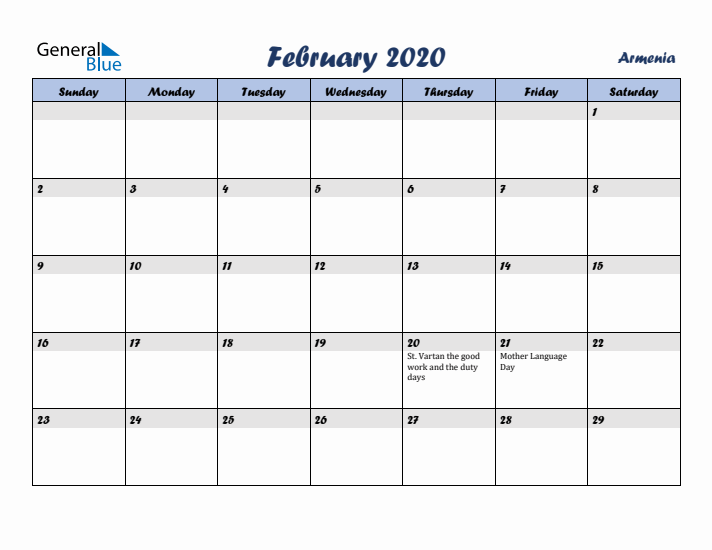 February 2020 Calendar with Holidays in Armenia