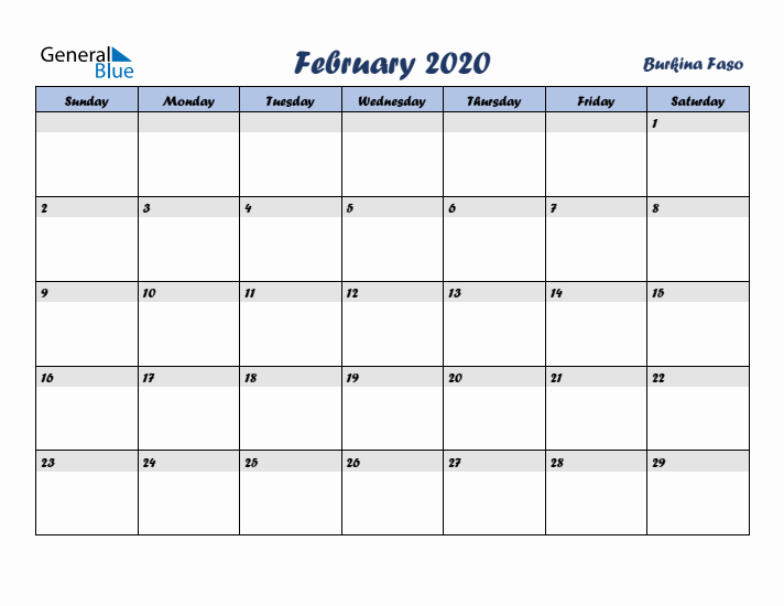 February 2020 Calendar with Holidays in Burkina Faso