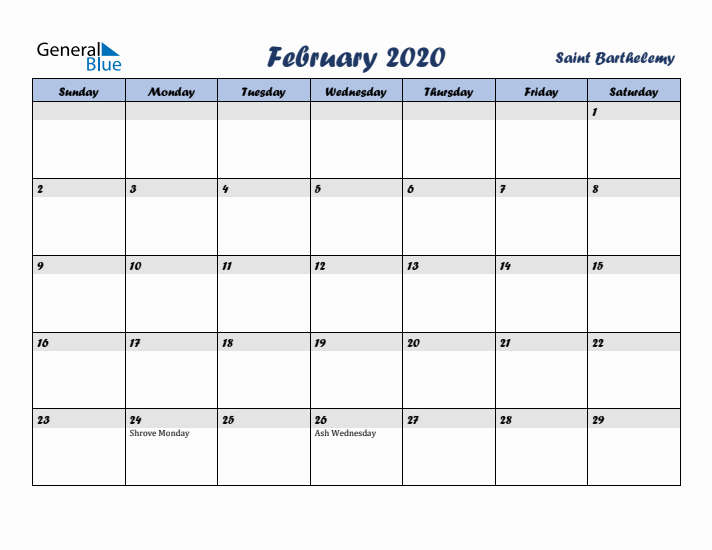 February 2020 Calendar with Holidays in Saint Barthelemy