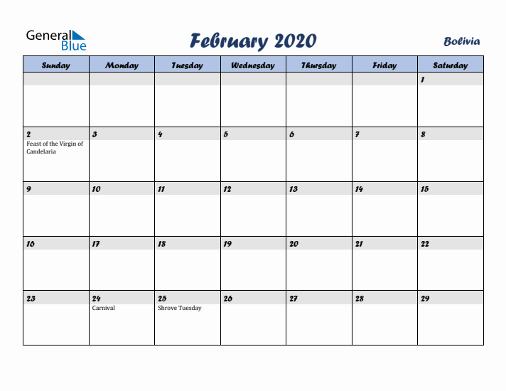 February 2020 Calendar with Holidays in Bolivia