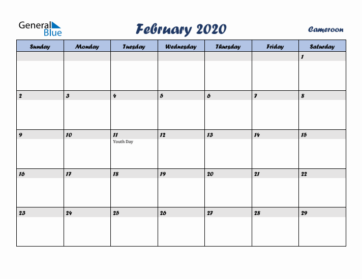 February 2020 Calendar with Holidays in Cameroon