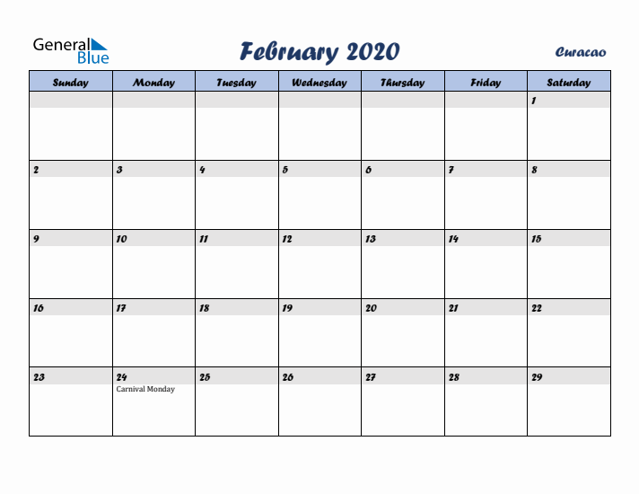 February 2020 Calendar with Holidays in Curacao