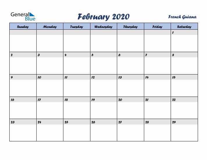 February 2020 Calendar with Holidays in French Guiana