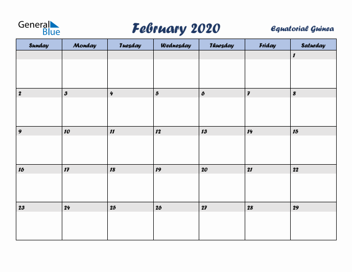 February 2020 Calendar with Holidays in Equatorial Guinea