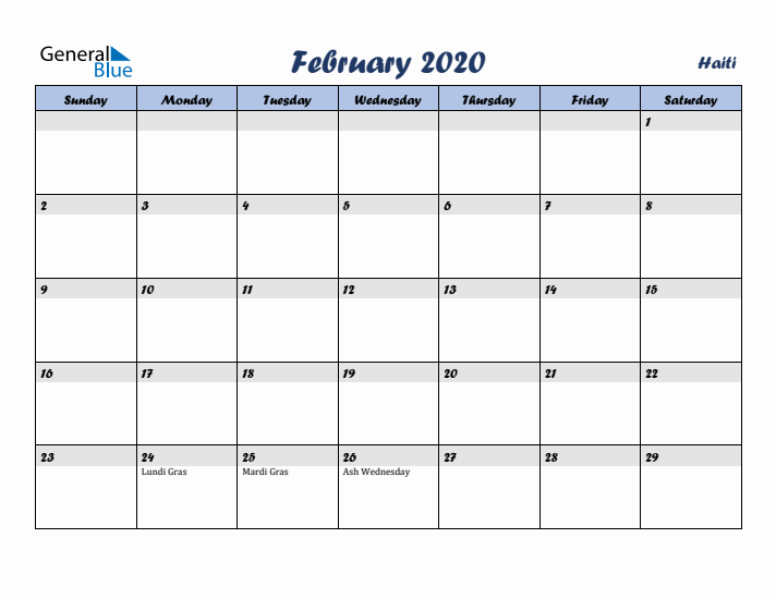 February 2020 Calendar with Holidays in Haiti