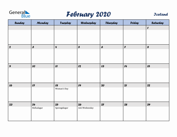 February 2020 Calendar with Holidays in Iceland