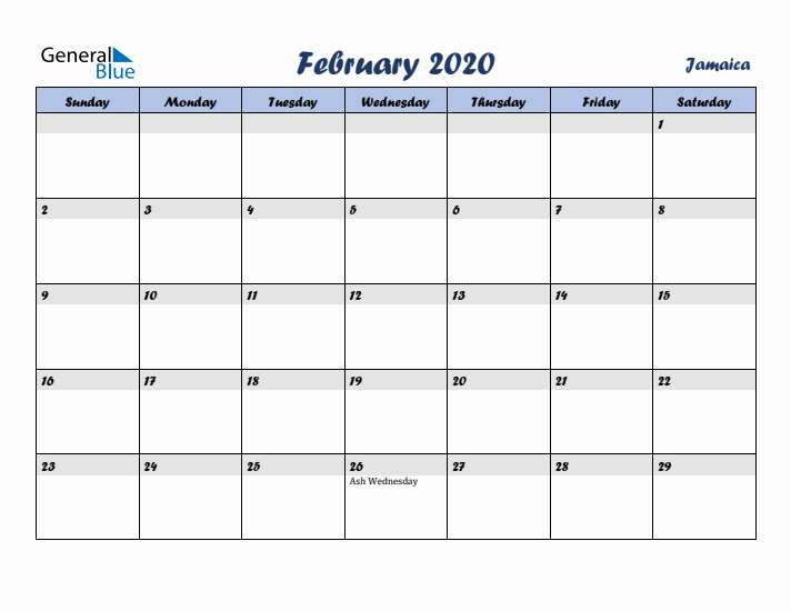 February 2020 Calendar with Holidays in Jamaica