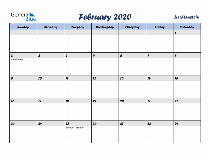 February 2020 Calendar with Holidays in Liechtenstein