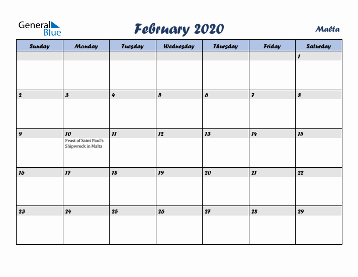 February 2020 Calendar with Holidays in Malta