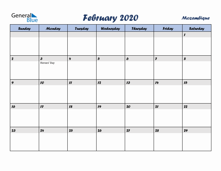 February 2020 Calendar with Holidays in Mozambique