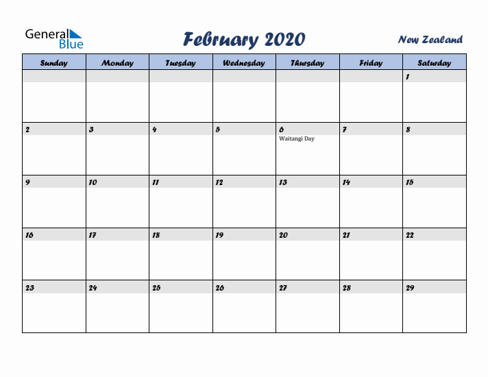 February 2020 Calendar with Holidays in New Zealand