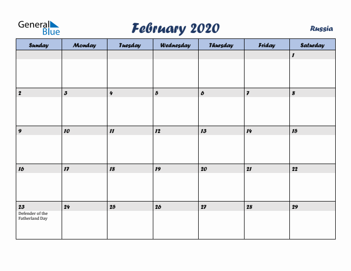 February 2020 Calendar with Holidays in Russia