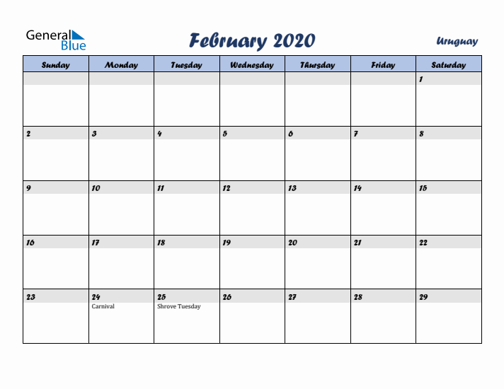 February 2020 Calendar with Holidays in Uruguay