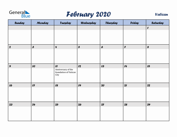 February 2020 Calendar with Holidays in Vatican