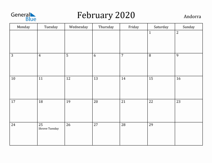 February 2020 Calendar Andorra