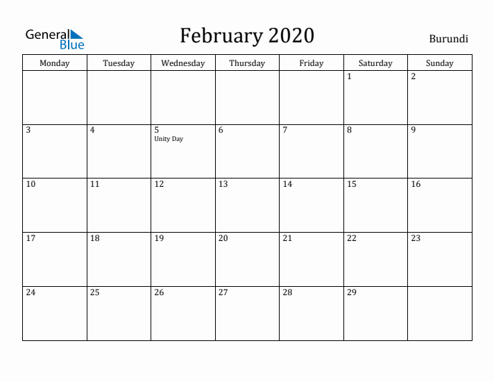 February 2020 Calendar Burundi