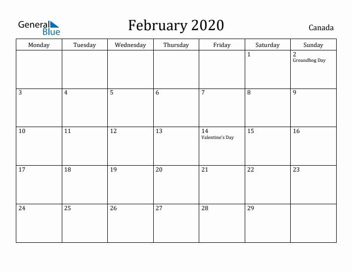 February 2020 Calendar Canada