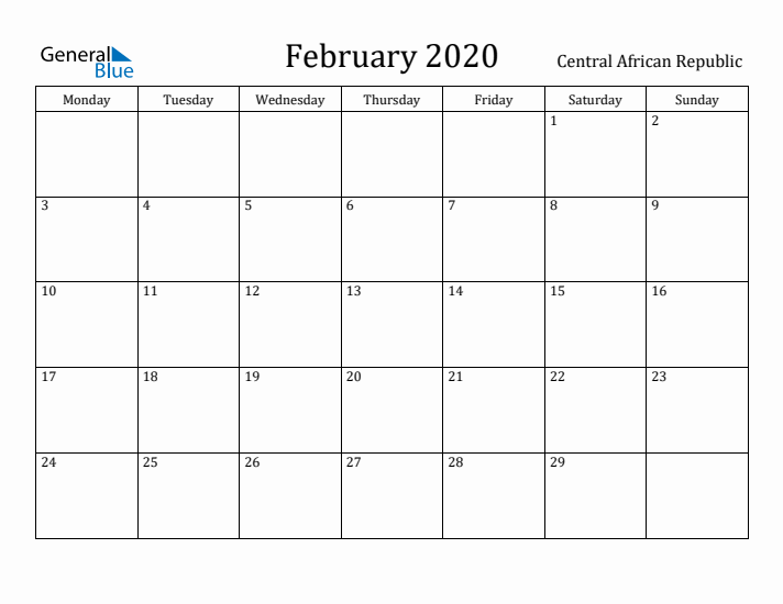 February 2020 Calendar Central African Republic