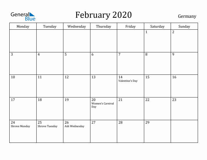 February 2020 Calendar Germany