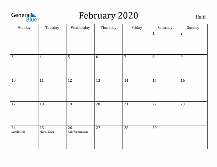 February 2020 Calendar Haiti