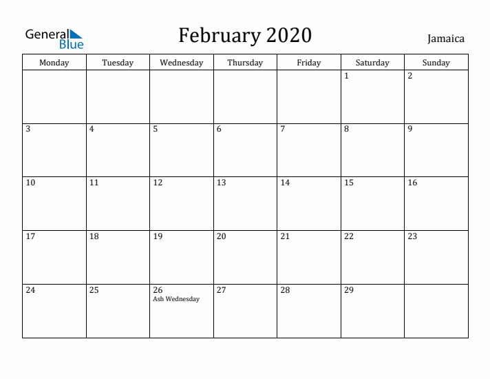 February 2020 Calendar Jamaica