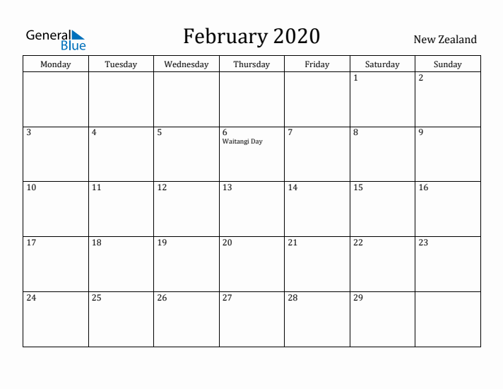 February 2020 Calendar New Zealand