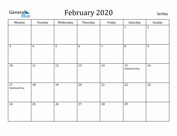 February 2020 Calendar Serbia