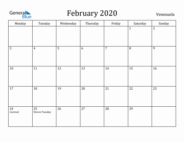 February 2020 Calendar Venezuela