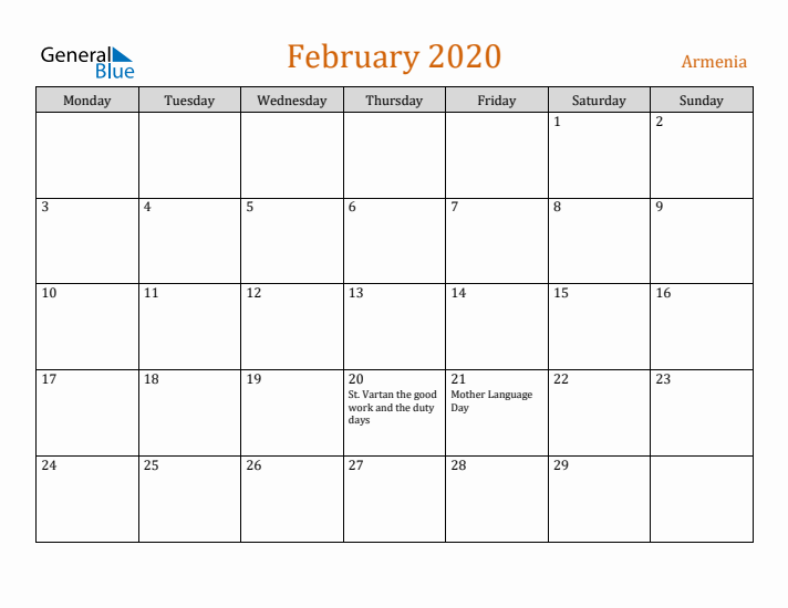 February 2020 Holiday Calendar with Monday Start