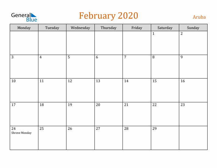 February 2020 Holiday Calendar with Monday Start