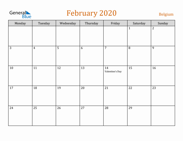 February 2020 Holiday Calendar with Monday Start