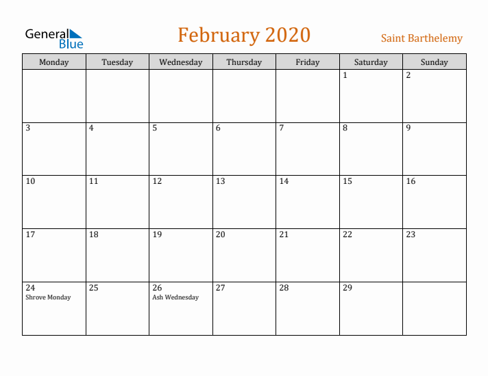 February 2020 Holiday Calendar with Monday Start