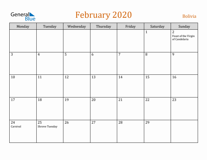 February 2020 Holiday Calendar with Monday Start