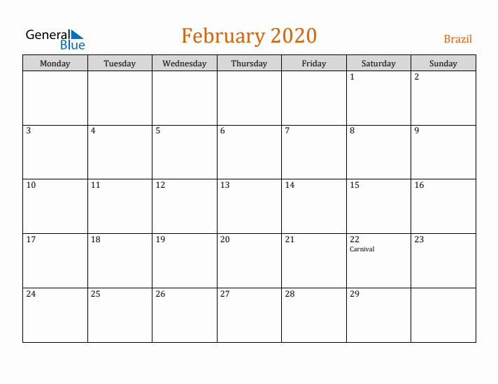 February 2020 Holiday Calendar with Monday Start