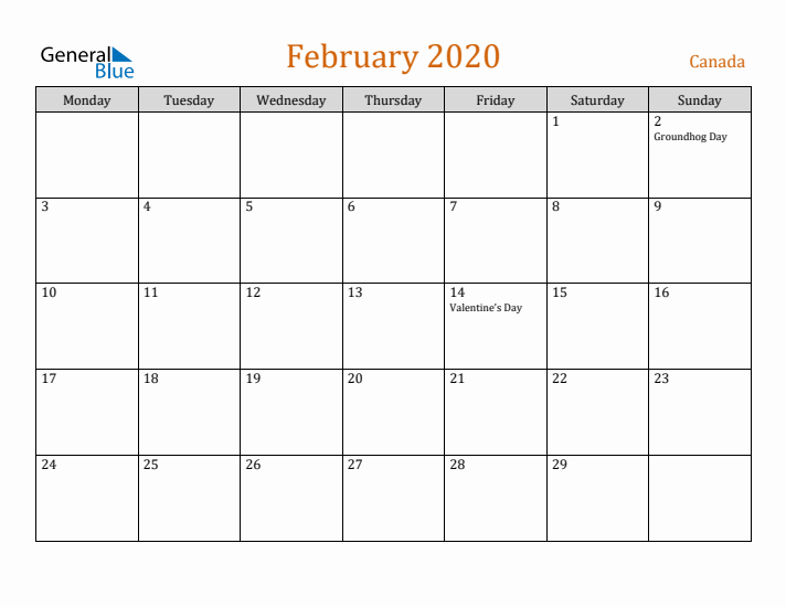 February 2020 Holiday Calendar with Monday Start