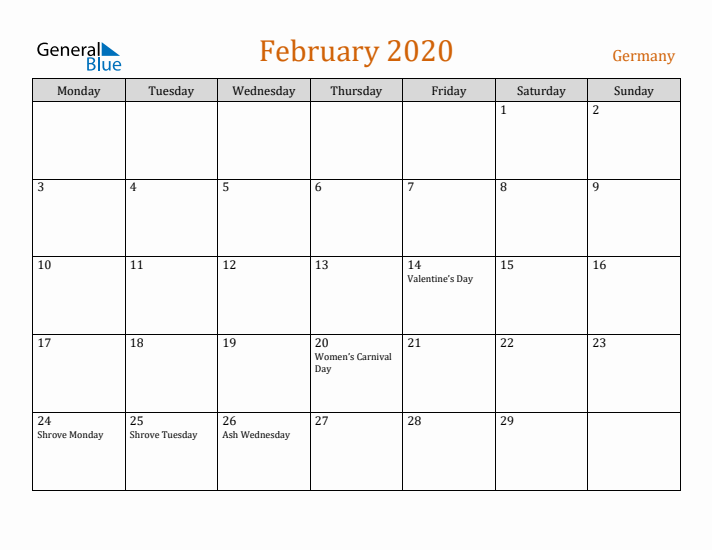 February 2020 Holiday Calendar with Monday Start