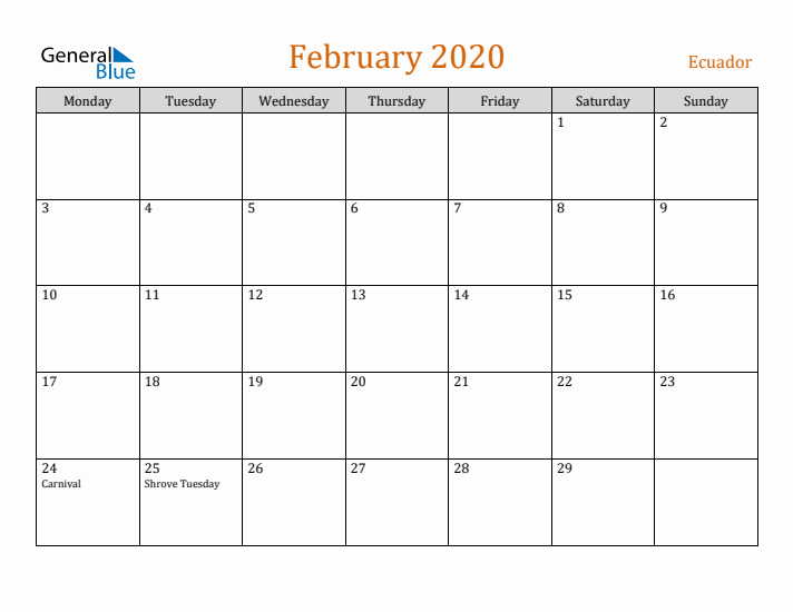 February 2020 Holiday Calendar with Monday Start