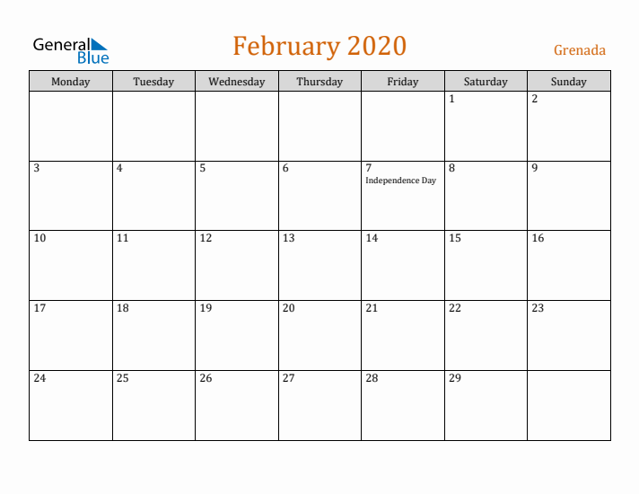 February 2020 Holiday Calendar with Monday Start