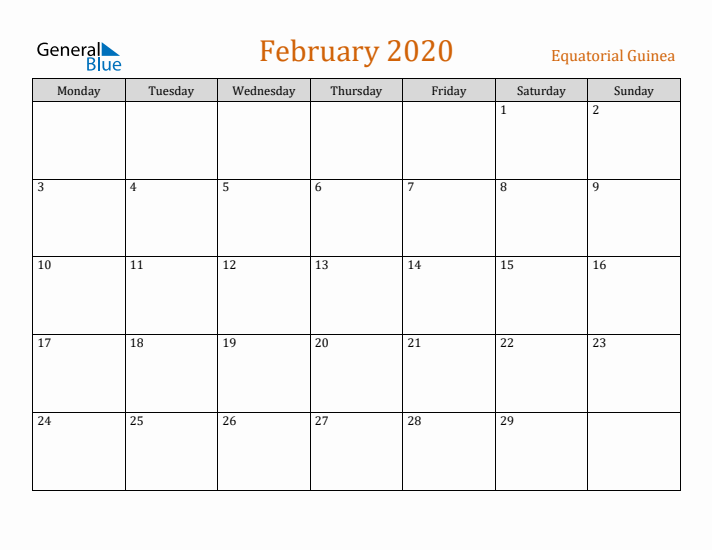 February 2020 Holiday Calendar with Monday Start